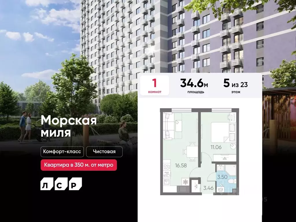 1-к кв. Санкт-Петербург Морская миля жилой комплекс (34.6 м) - Фото 0