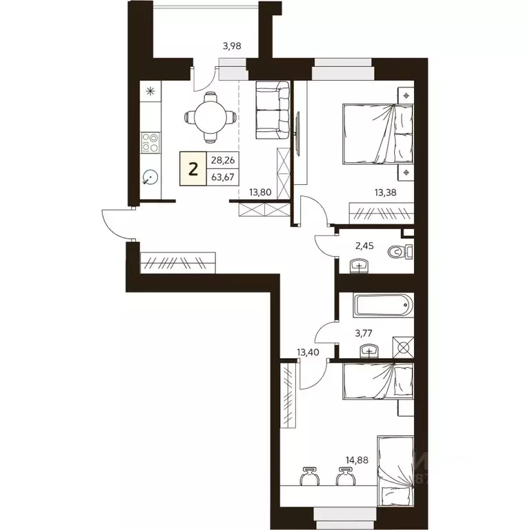 2-к кв. Башкортостан, Уфа ул. Ахметова, 296/2 (63.67 м) - Фото 1