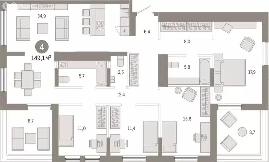 4-комнатная квартира: Тюмень, улица Республики, 205к1 (149.07 м) - Фото 2