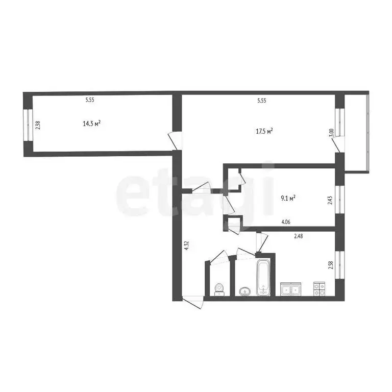 3-комнатная квартира: Тюмень, улица Серова, 19 (58.1 м) - Фото 1