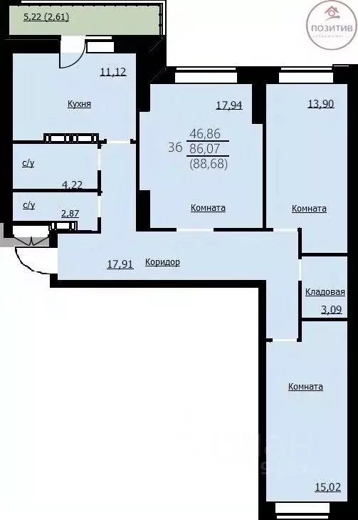 3-к кв. Ярославская область, Ярославль Красноборская ул., 38к3 (88.8 ... - Фото 2