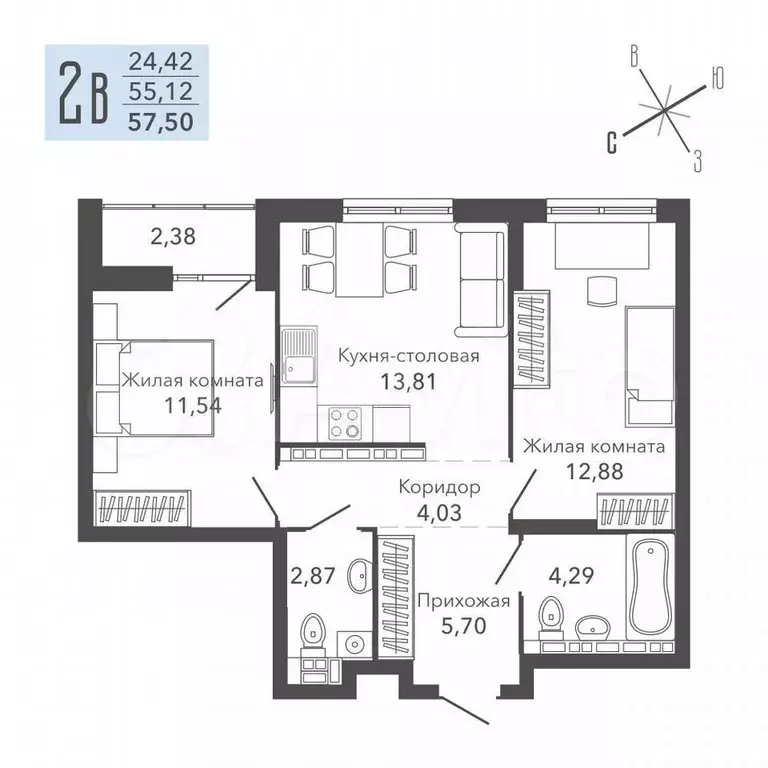 2-к. квартира, 57,5 м, 3/16 эт. - Фото 0