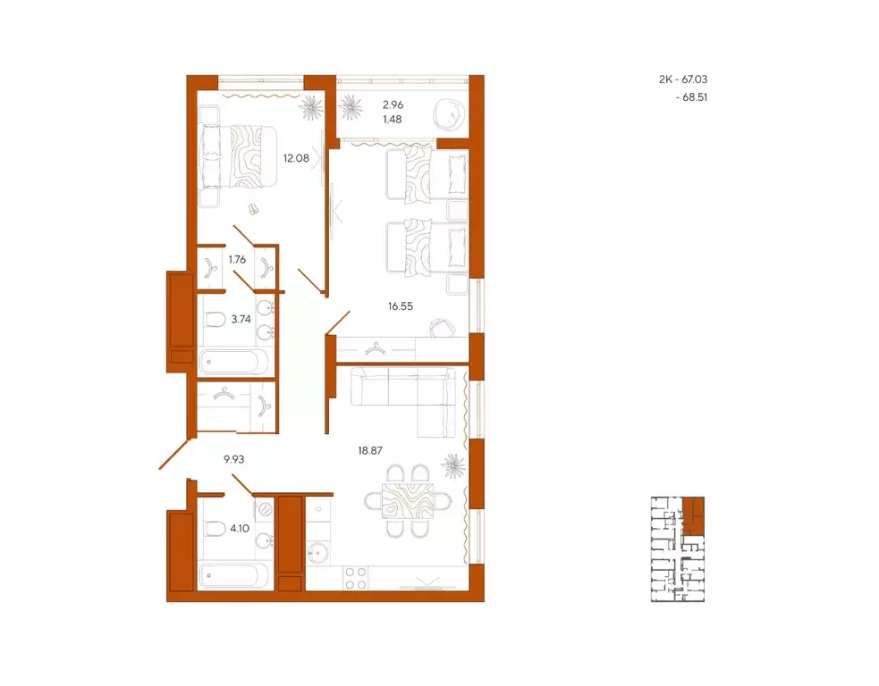 2-к кв. Пензенская область, Пенза Терра жилой комплекс (68.51 м) - Фото 1