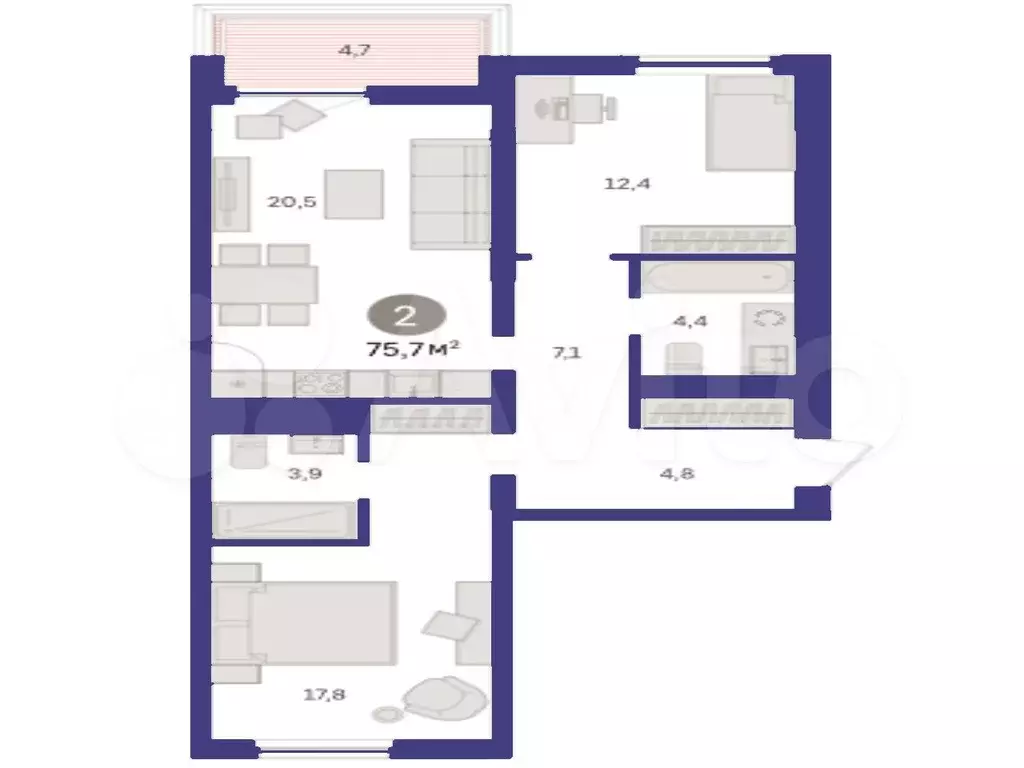2-к. квартира, 75,7 м, 4/8 эт. - Фото 1