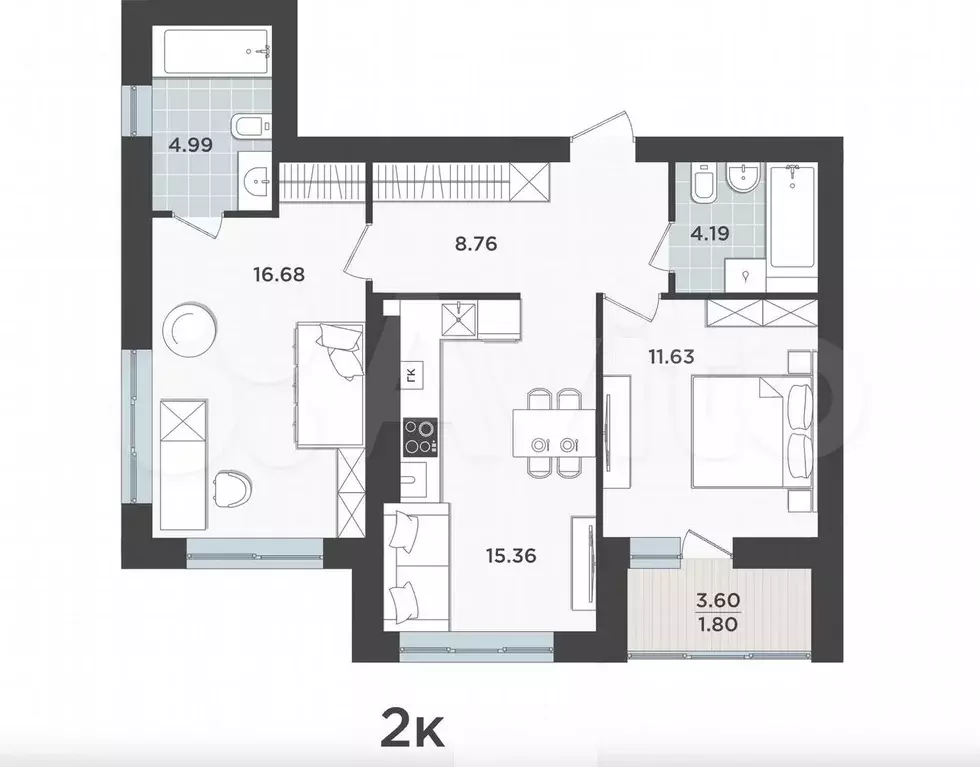 2-к. квартира, 63,4 м, 7/9 эт. - Фото 1
