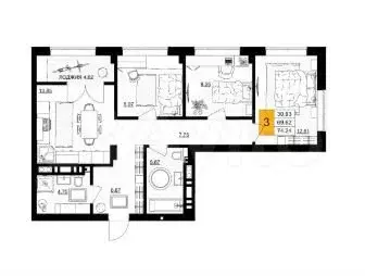 3-к. квартира, 74 м, 2/9 эт. - Фото 1