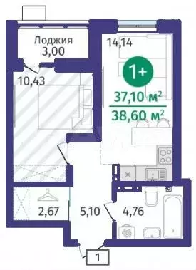 1-к. квартира, 37,1 м, 5/14 эт. - Фото 1