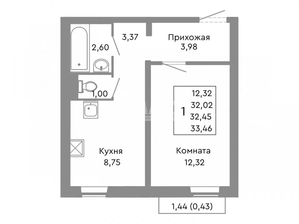1-комнатная квартира: Советский район (32.45 м) - Фото 0