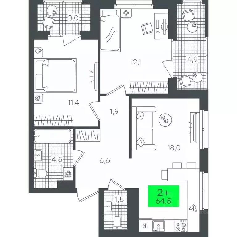 2-к кв. Тюменская область, Тюмень ул. Василия Малкова, 19 (64.59 м) - Фото 0