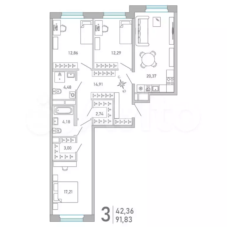 3-к. квартира, 91,9 м, 4/10 эт. - Фото 0