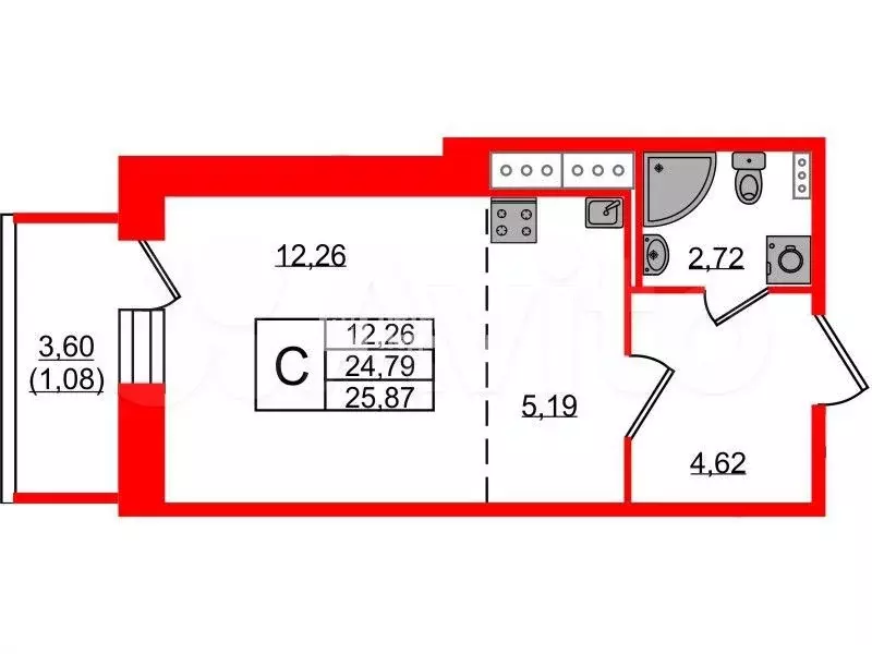 Квартира-студия, 24,8 м, 8/12 эт. - Фото 0
