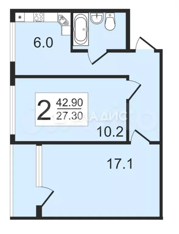 2-к. квартира, 42,9 м, 1/9 эт. - Фото 1