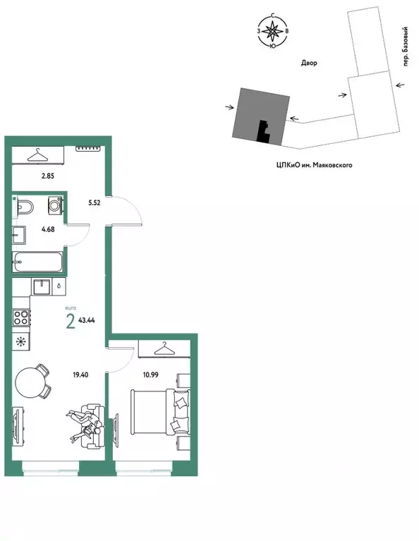 2-к кв. Свердловская область, Екатеринбург пер. Базовый, 10 (43.44 м) - Фото 1
