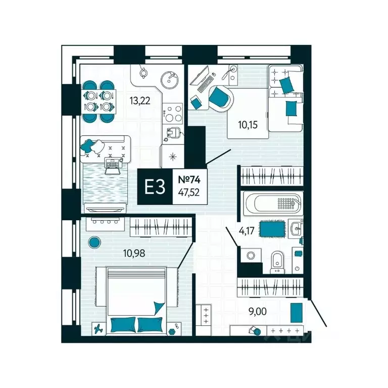 2-к кв. Тульская область, Тула ул. Чмутова, 158Д (47.52 м) - Фото 1