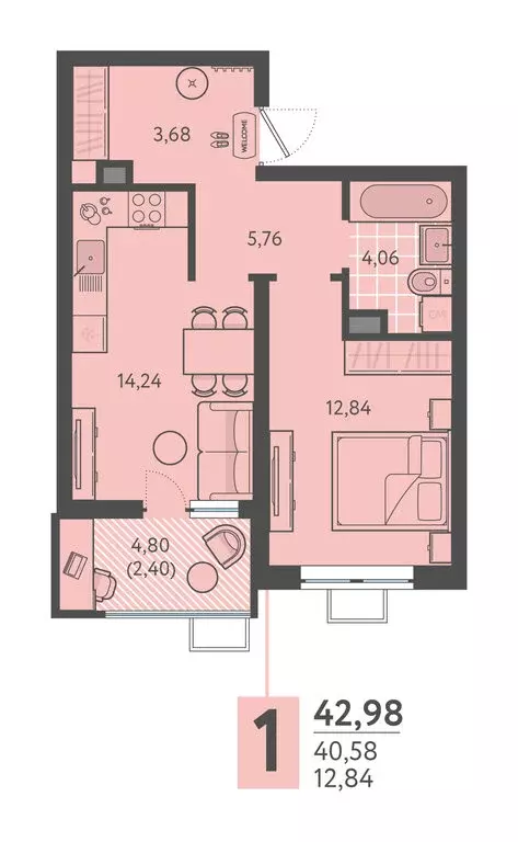 1-комнатная квартира: Краснодар, улица имени Леона Орбели, 9 (42.98 м) - Фото 1