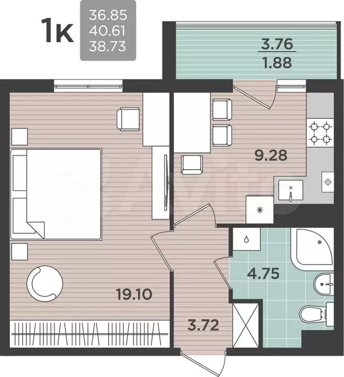 1-к. квартира, 40,6 м, 1/5 эт. - Фото 0