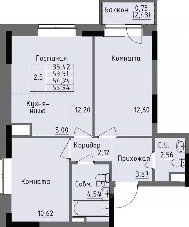 2-к кв. Удмуртия, Ижевск Строитель жилрайон, 4-й мкр,  (54.24 м) - Фото 0