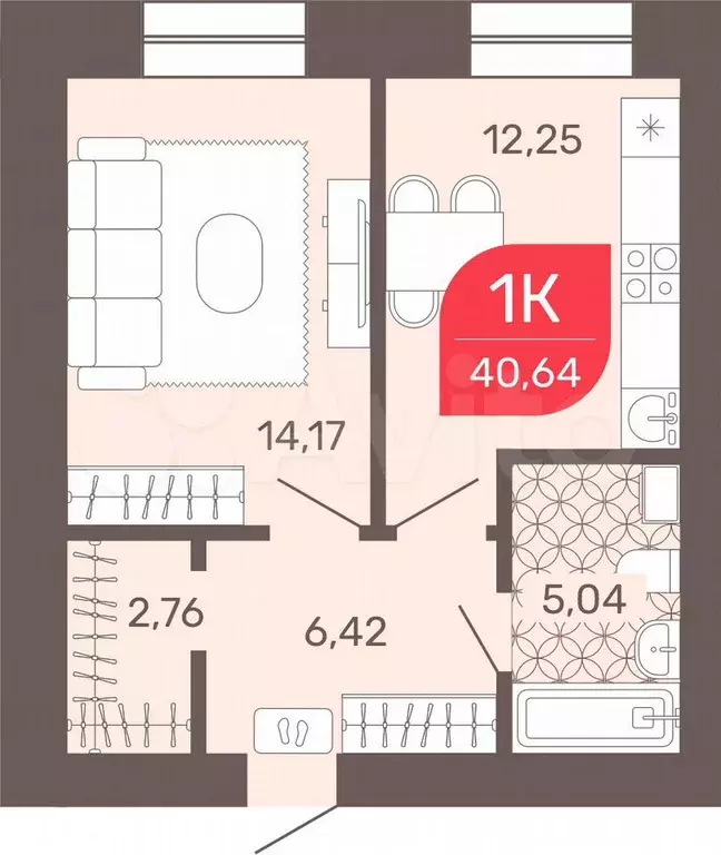 1-к. квартира, 40,6 м, 1/9 эт. - Фото 0