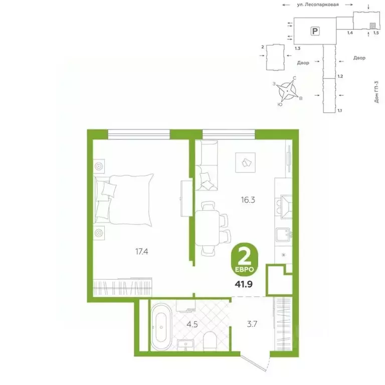2-к кв. Тюменская область, Тюмень ул. Лесопарковая, 22 (41.9 м) - Фото 1