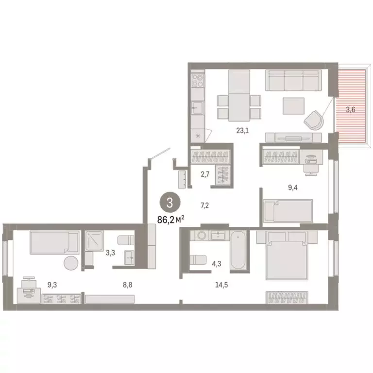 3-комнатная квартира: Омск, Кировский округ (86.17 м) - Фото 2