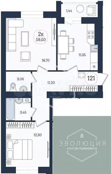 2-к. квартира, 59,5 м, 1/9 эт. - Фото 0