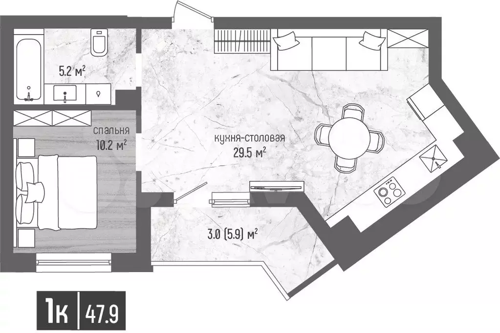 1-к. квартира, 47,9 м, 3/5 эт. - Фото 1
