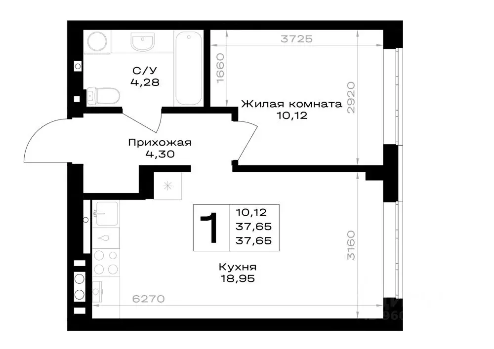 1-к кв. Калининградская область, Гурьевск Включи жилой комплекс (37.65 ... - Фото 1