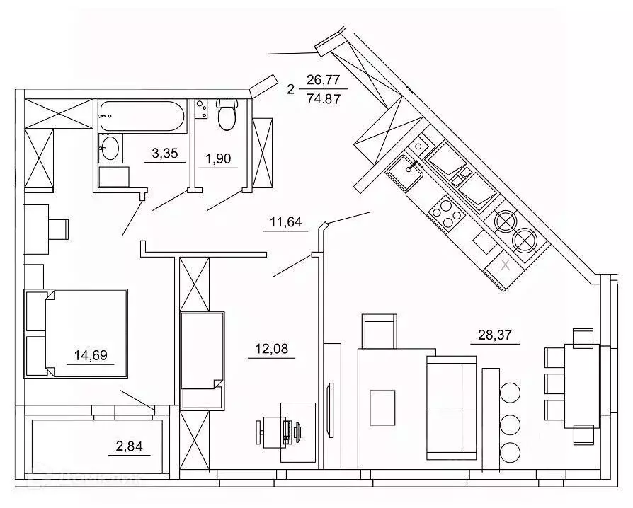 2-к кв. Рязанская область, Рязань ул. Земнухова (74.87 м) - Фото 1