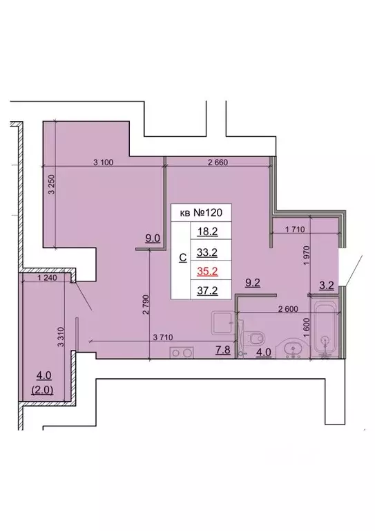 Студия Костромская область, Кострома Новый город мкр,  (35.2 м) - Фото 1