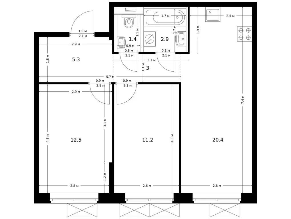 2-к квартира, 56.7 м - Фото 0