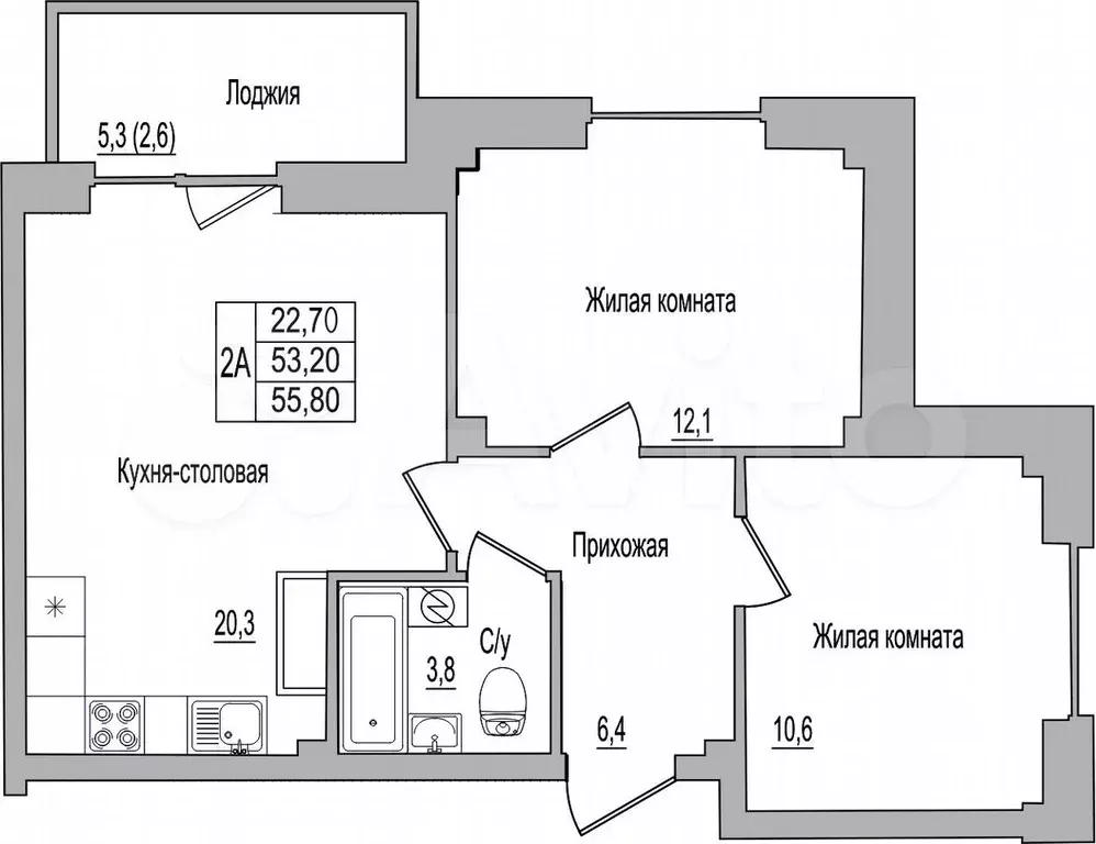 2-к. квартира, 55,8 м, 2/9 эт. - Фото 0