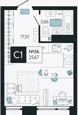 Студия Тульская область, Тула ул. Чмутова (25.7 м) - Фото 1