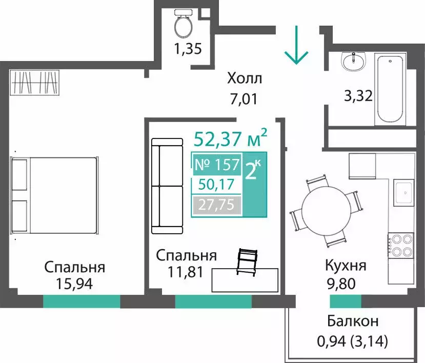 2-комнатная квартира: Мирное, ЖК ПроПолис (50.17 м) - Фото 1