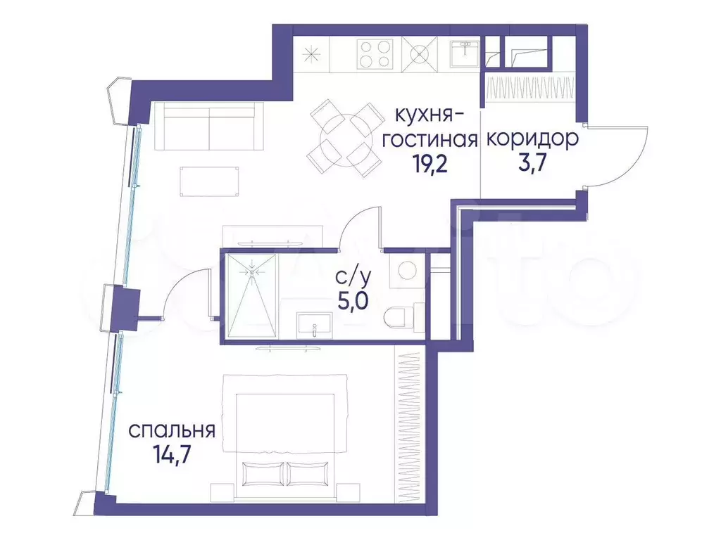 1-к. квартира, 42,6 м, 19/22 эт. - Фото 0