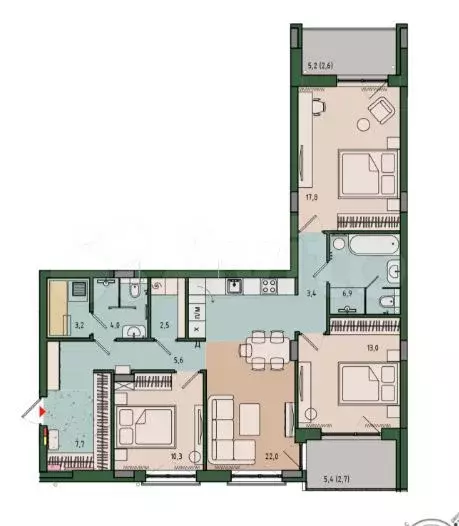 3-к. квартира, 101,6 м, 4/11 эт. - Фото 1
