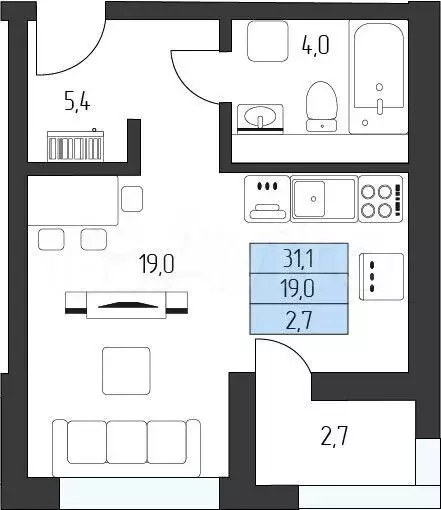 Квартира-студия, 30,4 м, 4/7 эт. - Фото 1