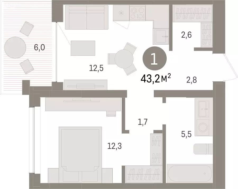 1-комнатная квартира: Тюмень, ЖК Дом у Озера (43.17 м) - Фото 1