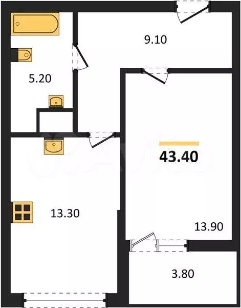 1-к. квартира, 43,4 м, 2/4 эт. - Фото 1