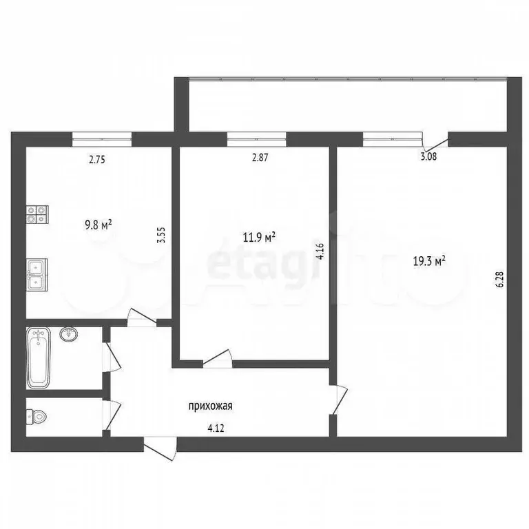 2-к. квартира, 53,5 м, 3/3 эт. - Фото 0