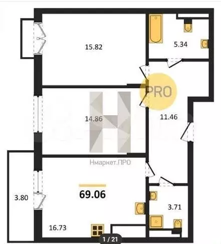 2-к. квартира, 69,9 м, 2/7 эт. - Фото 1