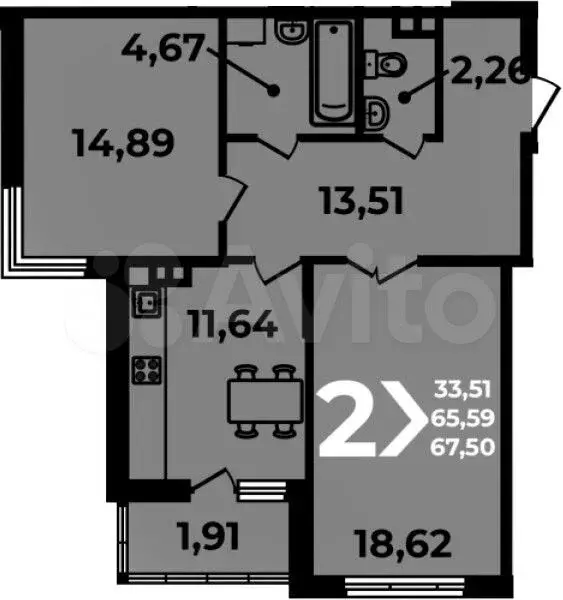 2-к. квартира, 67,5 м, 11/19 эт. - Фото 1