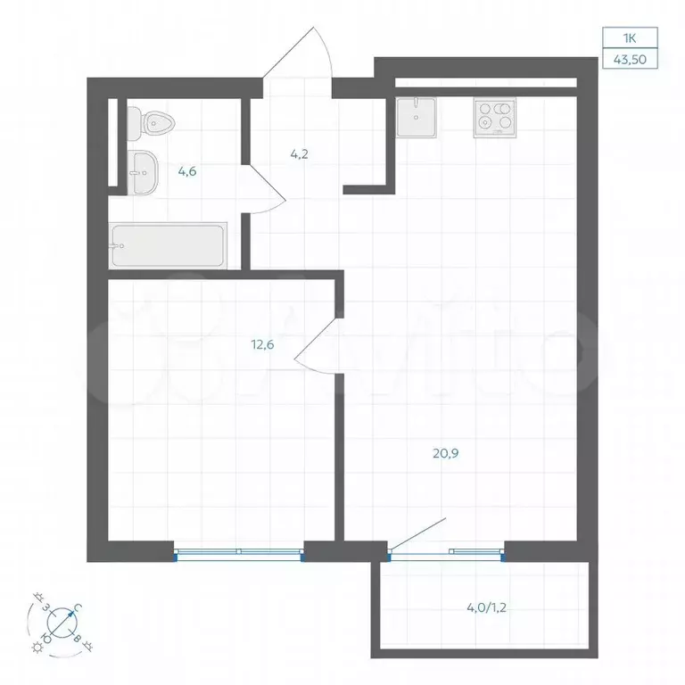 1-к. квартира, 43,5 м, 5/9 эт. - Фото 0