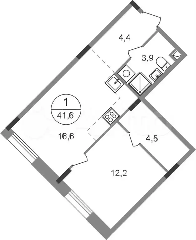 1-к. квартира, 41,6 м, 1/9 эт. - Фото 0