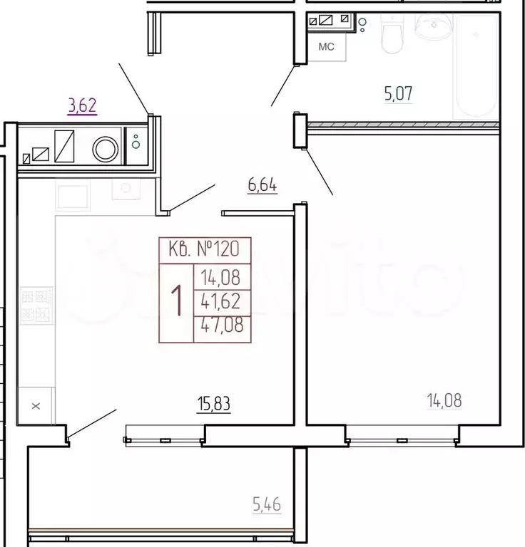 1-к. квартира, 47,1 м, 4/9 эт. - Фото 0