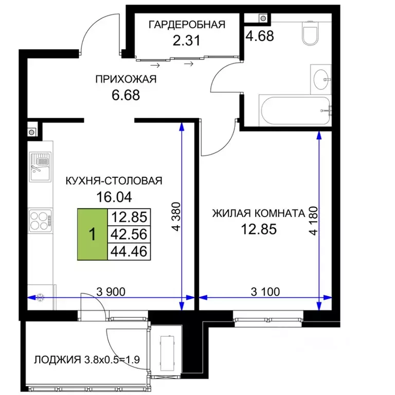 1-к кв. Краснодарский край, Краснодар  (44.46 м) - Фото 0