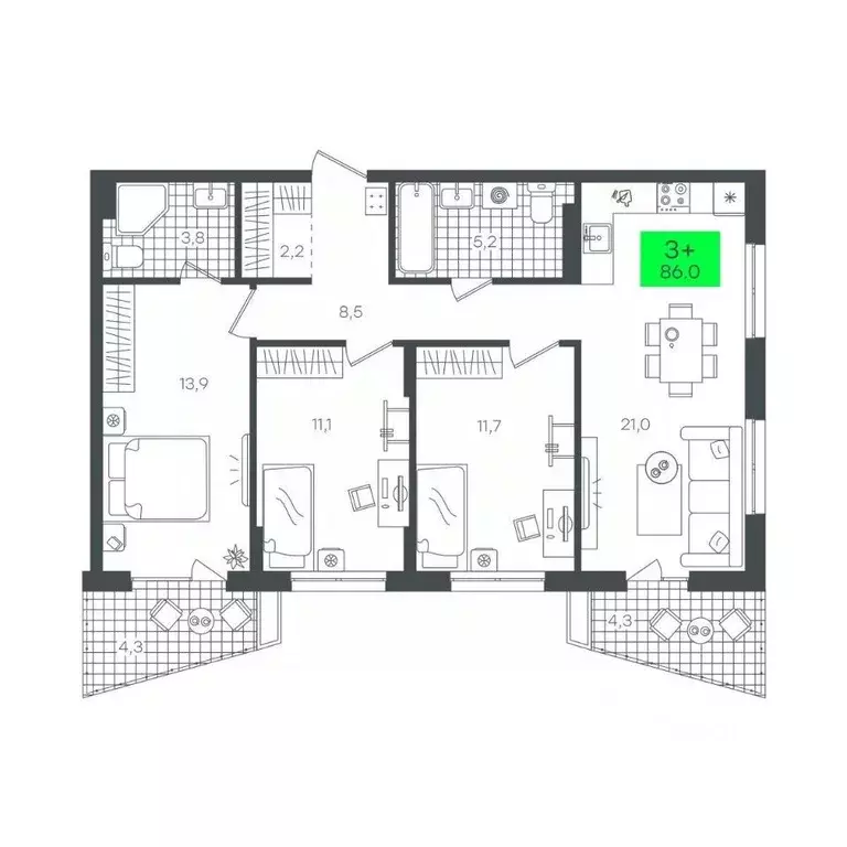 3-к кв. Тюменская область, Тюмень Комарово Парк жилрайон,  (86.0 м) - Фото 1