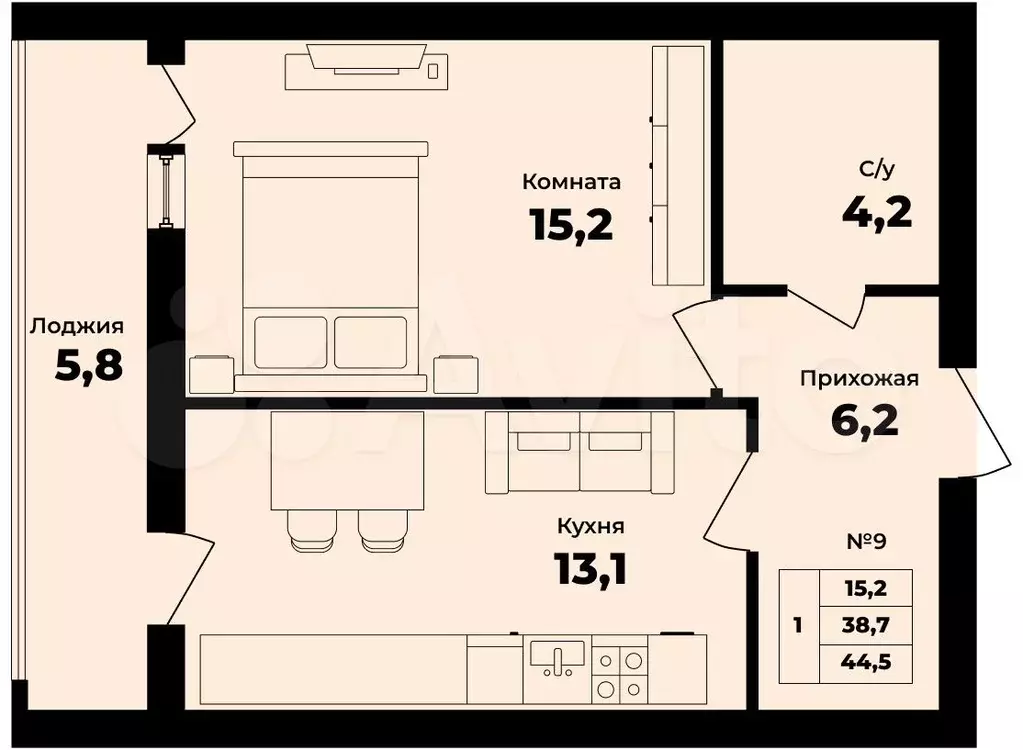 1-к. квартира, 41,6 м, 3/9 эт. - Фото 0