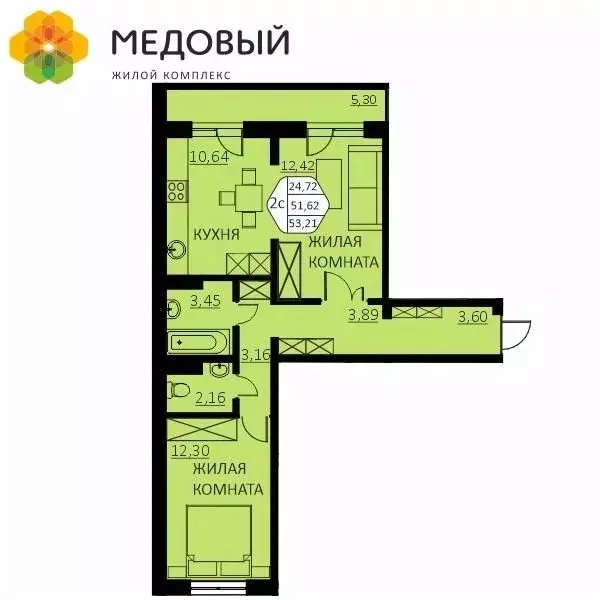 2-к кв. Пермский край, д. Кондратово ул. Г.Н. Нифантова, 4А (53.21 м) - Фото 0