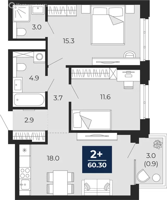 2-комнатная квартира: Тюмень, улица Тимофея Чаркова, 77 (62.4 м) - Фото 1