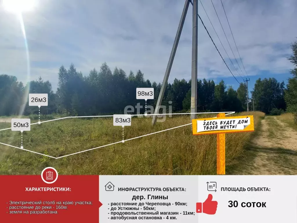 Участок в Вологодская область, Устюженский район, д. Глины  (30.0 ... - Фото 1